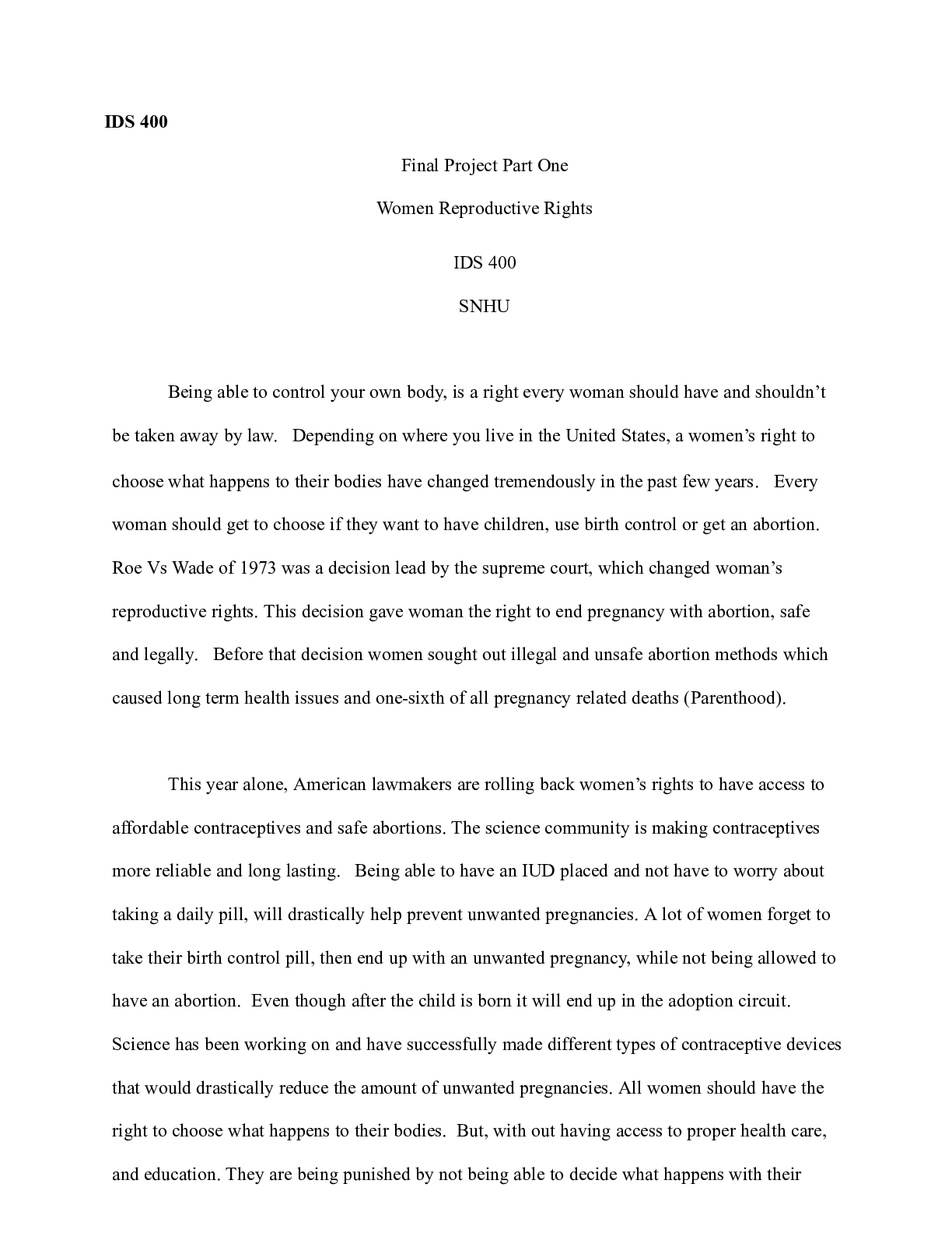 Preview image for DS 400 Final Project One.docx    IDS 400  Final Project Part One  Women Reproductive Right